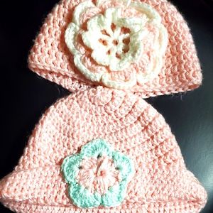 Bundle of Two Newborn Handmade Crochet Pink Beanie Caps New
